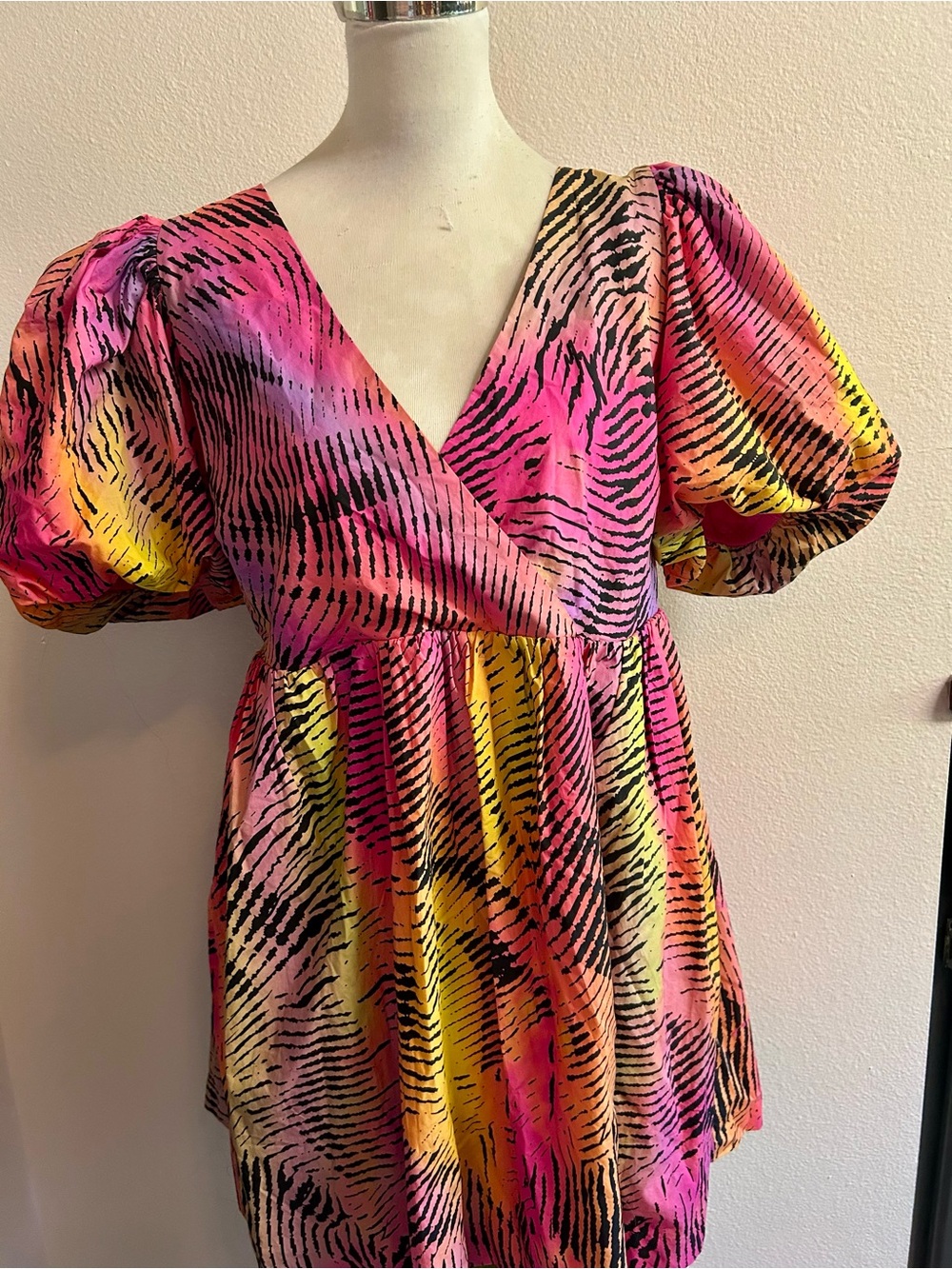 Anthropologie Pink Yellow & Black Tiger-Print Puff Sleeve Mini Dress